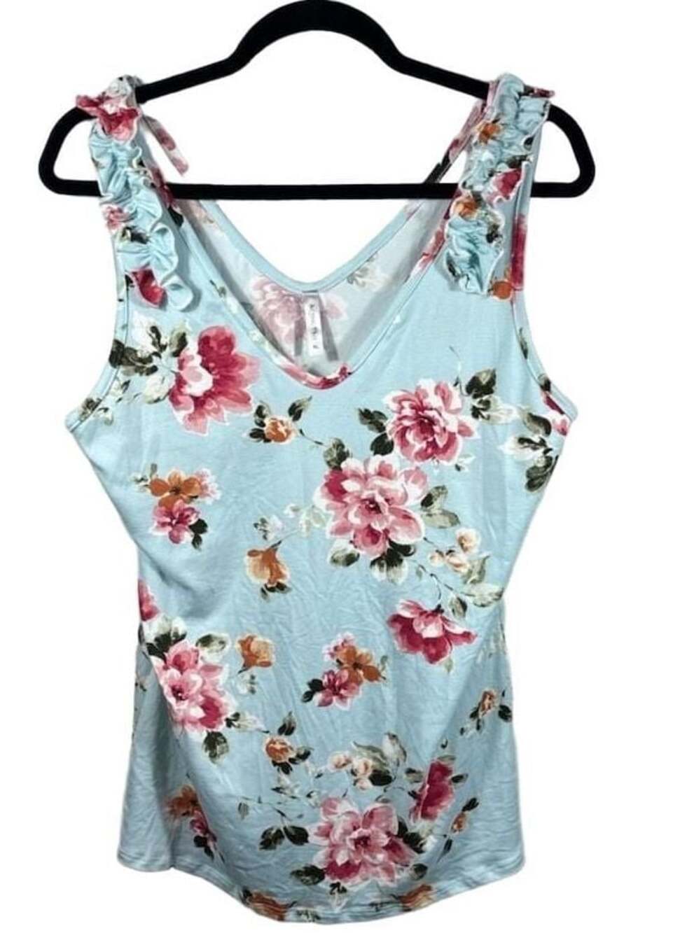 Women’s Blue Floral Ruffle V Neck Sleeveless Tank Top